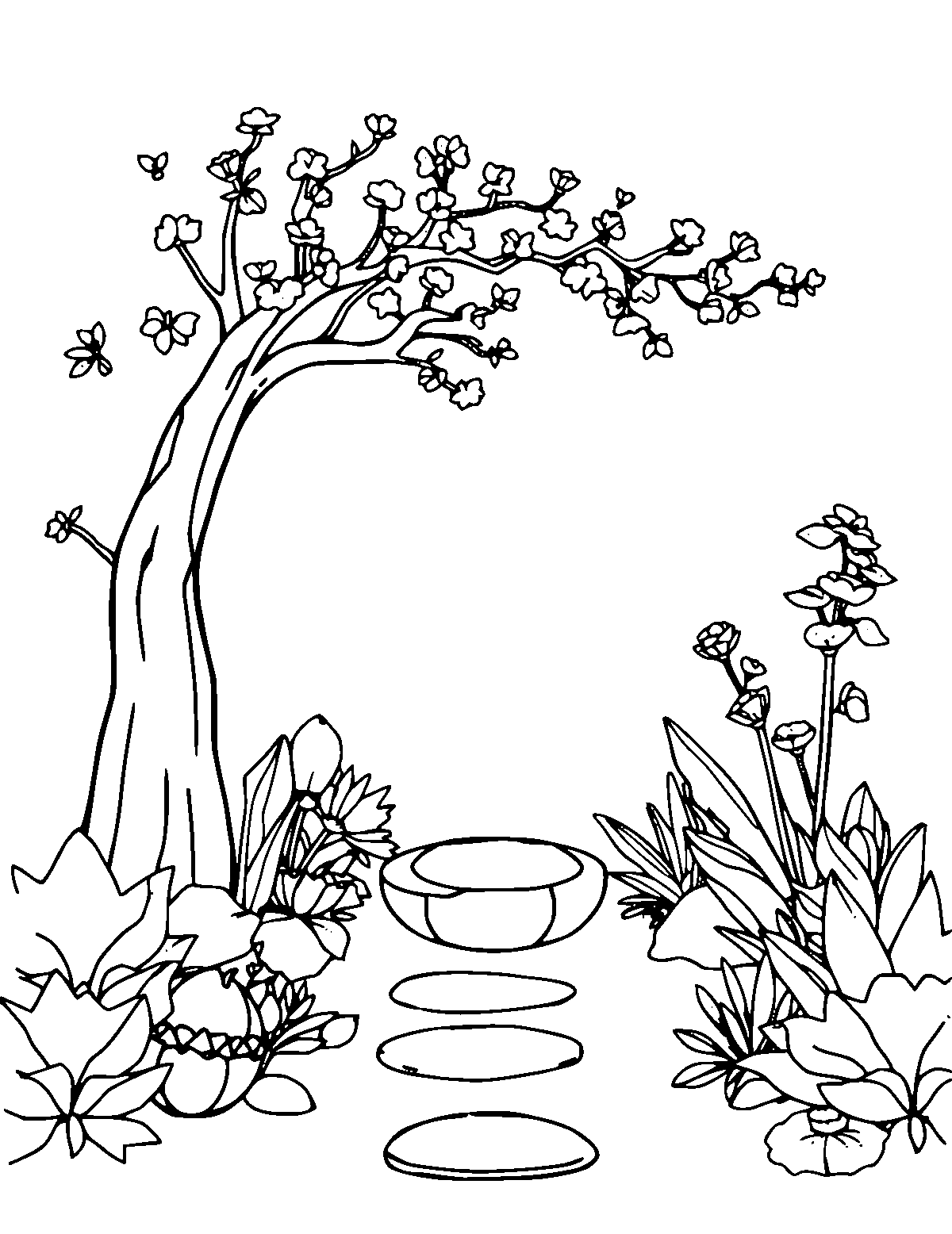 Line-art coloring page of Zen Garden, medium outlines, centered