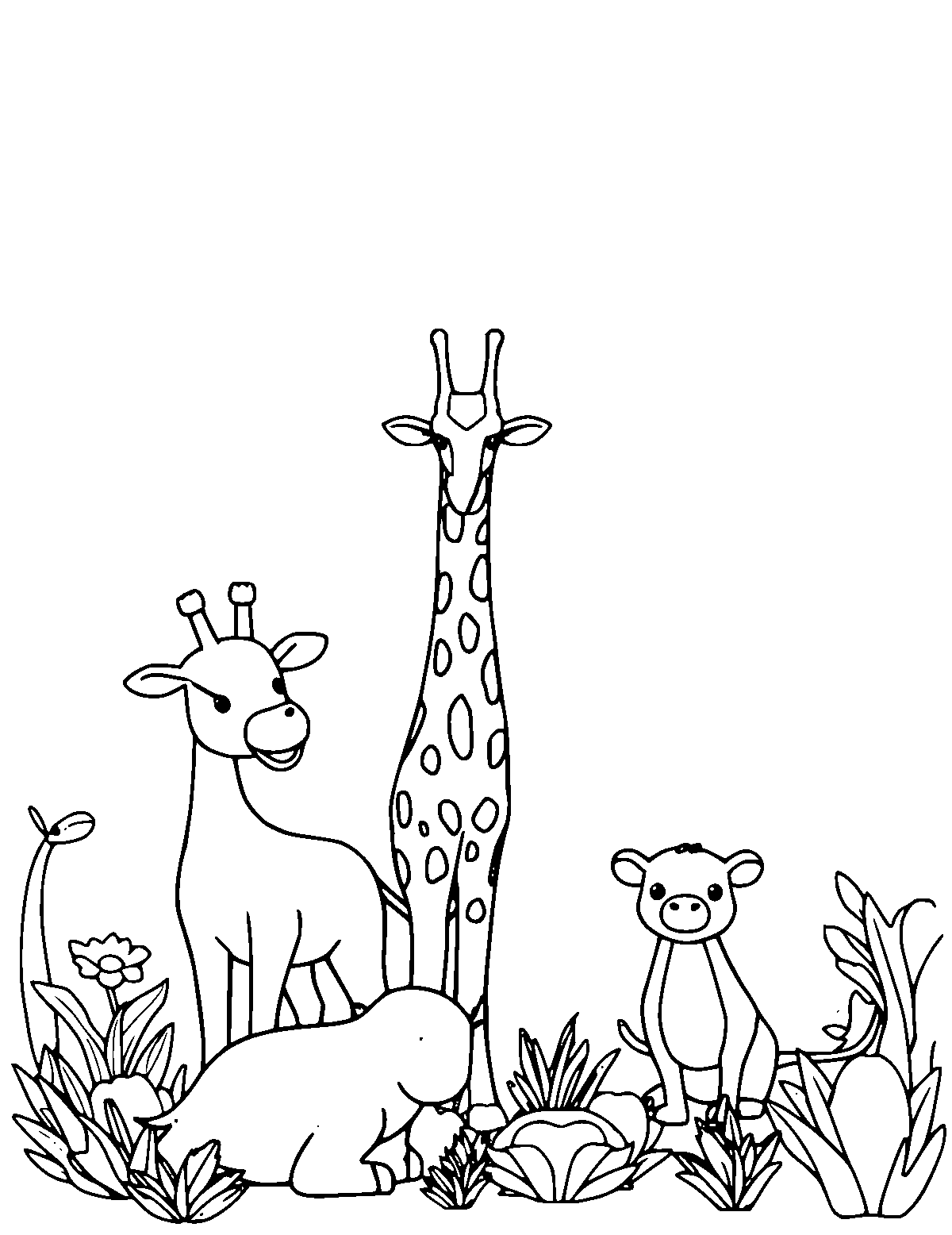 Line-art coloring page of Zoo Animals, medium outlines, centered